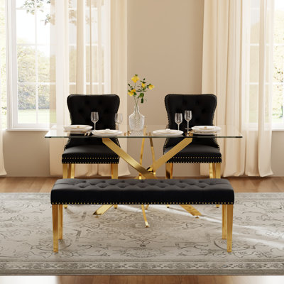 Ensemble de salle à manger rectangulaire avec banc, table de cuisine moderne de style Mid-Century et chaises capitonnées et banc de salle à manger de style luxueux Glass