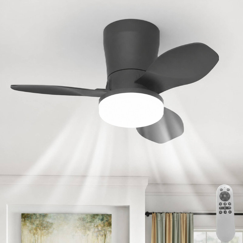 65cm 3-Blade Dimmable LED Ceiling Fan with Light Kit and Remote Control, Black, Black