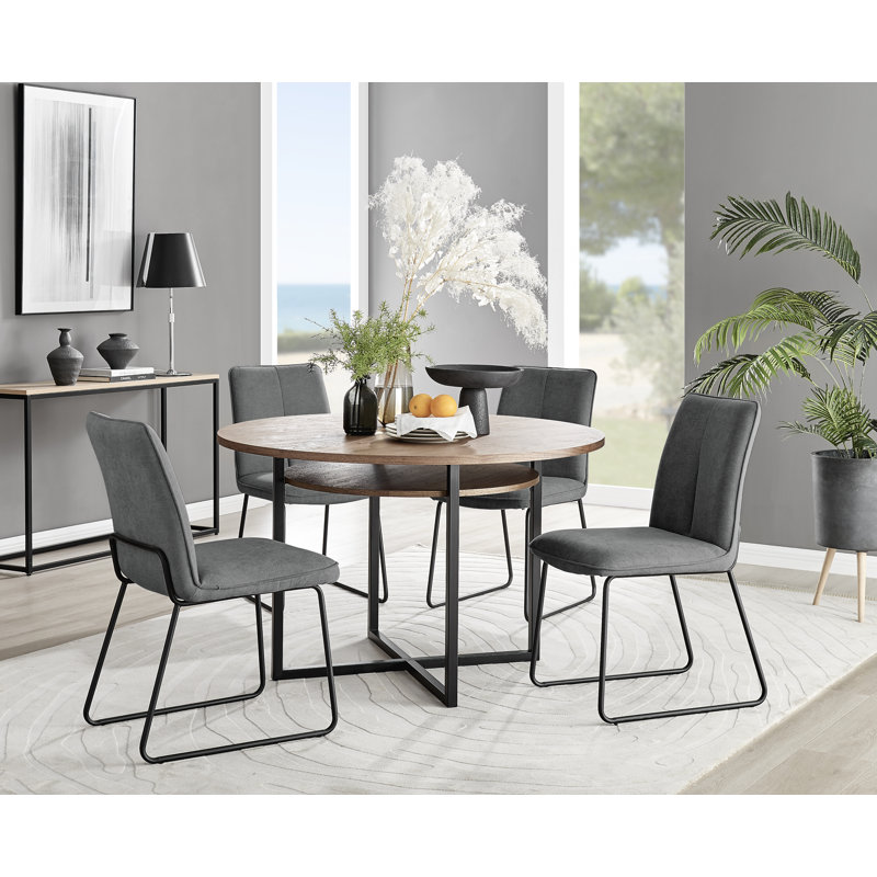 Round Concrete Effect & Black Legs Dining Table With Storage Shelf & 4 Luxury Velvet Dining Chairs, Dark Grey