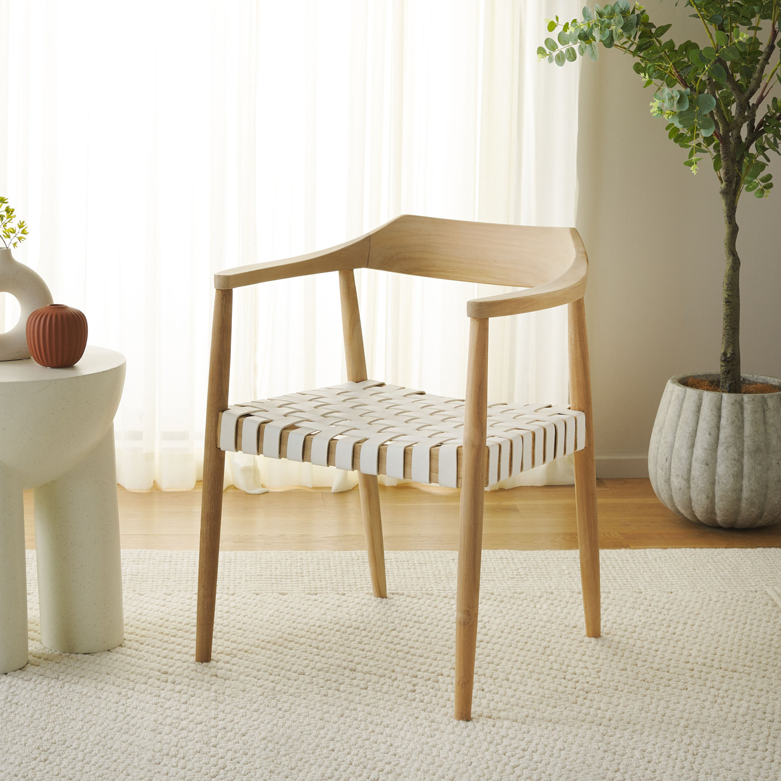 Noreen Side Chair, White Genuine Leather, Natural