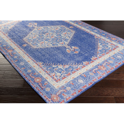 Tapis oriental bleu foncé / rouge vif en laine noué à la main Elsea