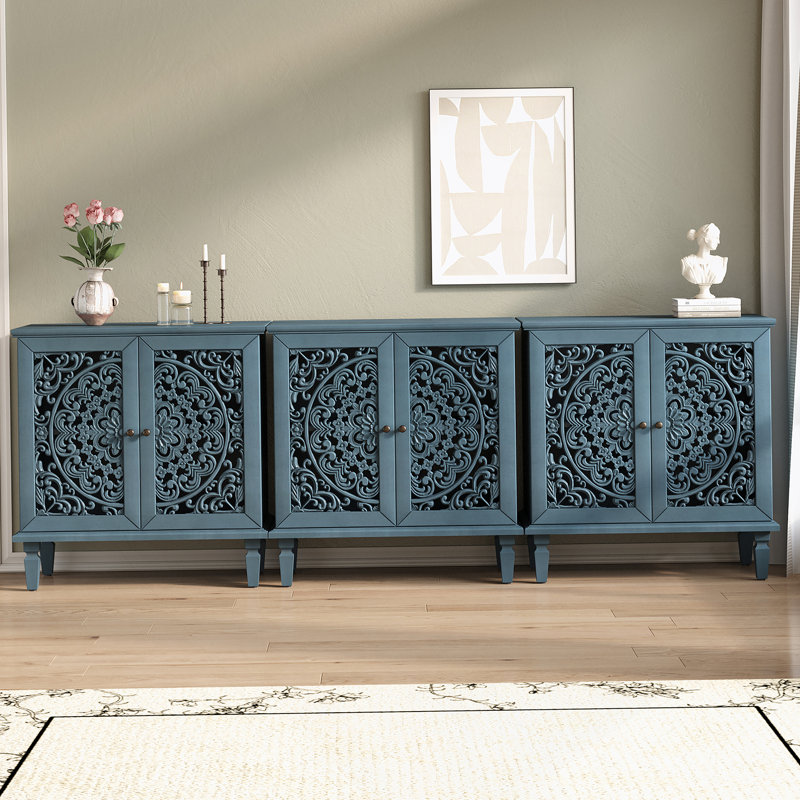 Accent Cabinet, 2-Door Display Storage Cabinet, Sideboard With Adjustable Shelf And Solid Wood Legs, Blue