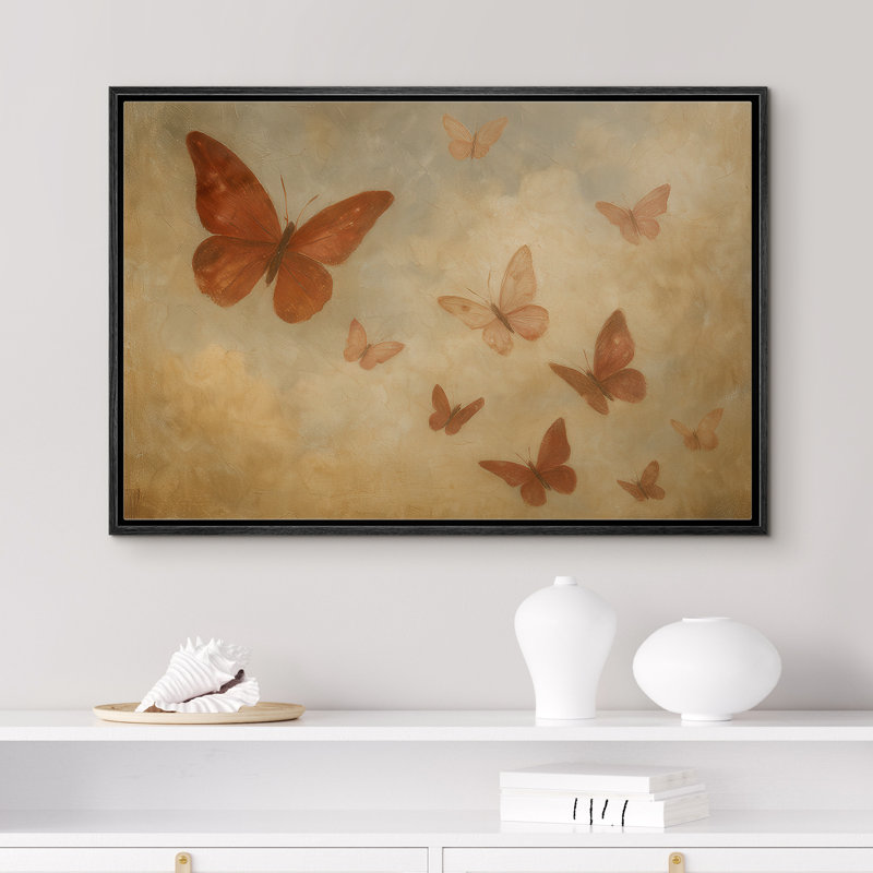 «Warm Toned Butterflies Floating in Soft Sky», reproduction d'art sur toile encadrée dans la chambre principale, Noir