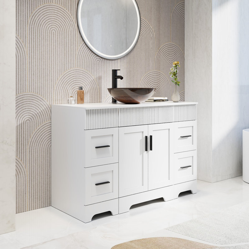 Meuble-lavabo simple 48 po avec lavabo vasque Akron, plateau en bois manufacturé, peinture résistante à l'eau, Blanc, Blanc
