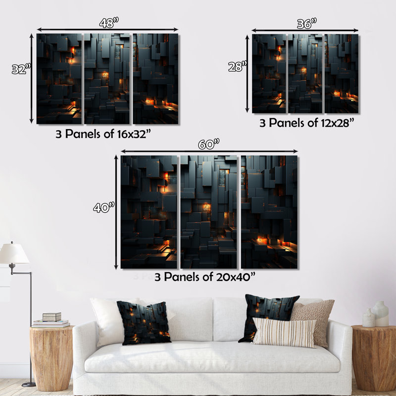Cube 3D en briques noires 3D - ensemble d'art mural sur toile géométrique moderne, H 32 po x l 48 po x P 1 po
