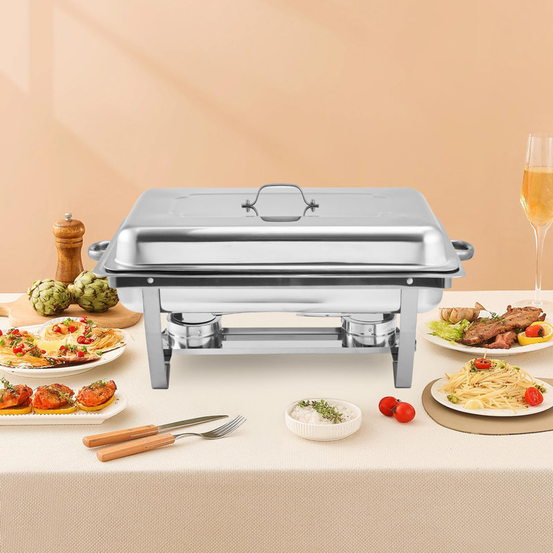Ensemble de 2 réchauds argentés pour buffet, chauffe-plats en acier inoxydable 8 pte avec couvercles et supports pliables pour les fêtes et la restauration