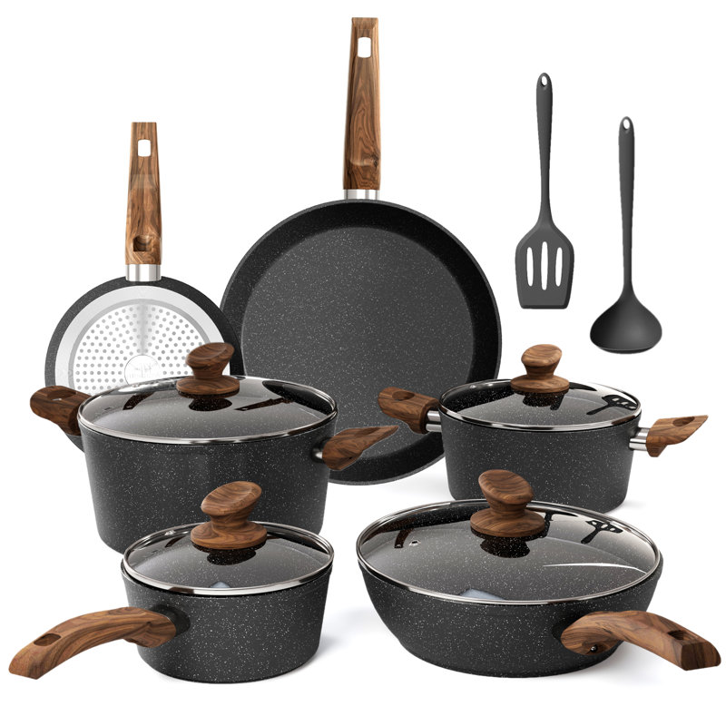 12 Piece Granite Black Nonstick Kitchen Cookware Induction Pots And Pans Set, Black