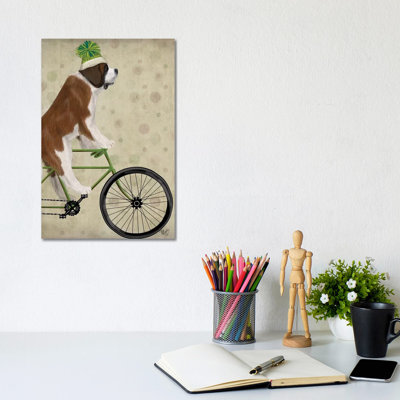 St. Bernard On Bicycle by Fab Funky - Wrapped Canvas Print