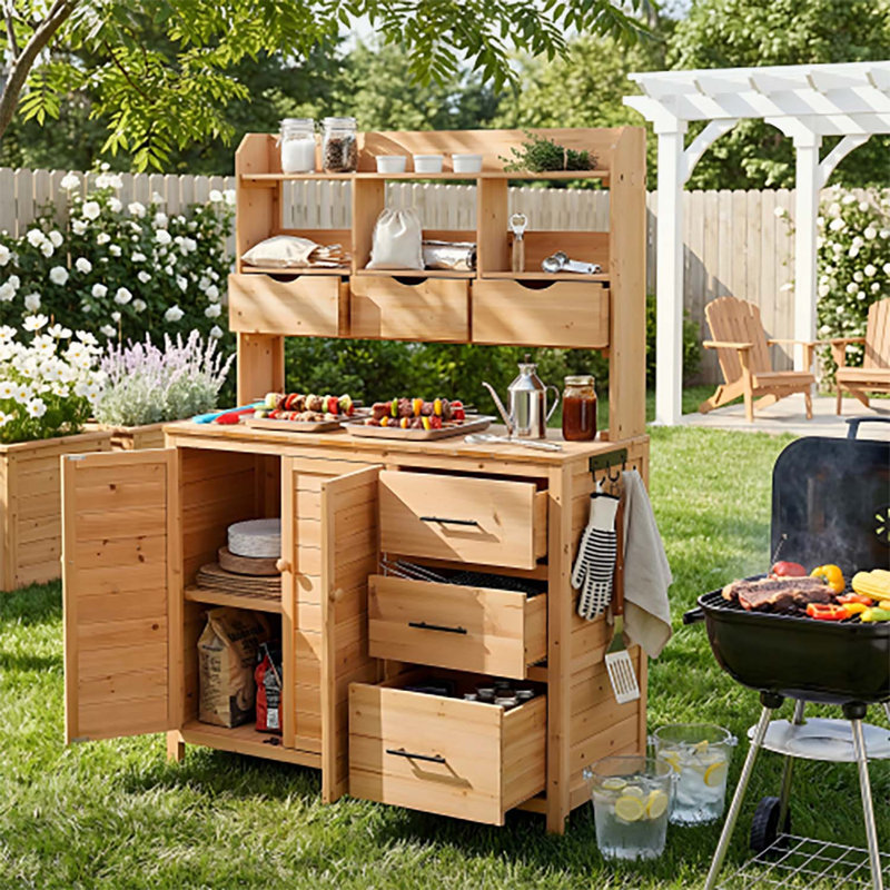 Farmhouse Patio Kitchen Island with 6 Drawers,Bottom Cabinet,and Side Hooks for Ample Storage and Versatility, Natural Wood