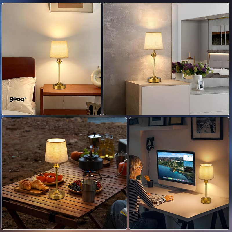 Gold Aluminum Cordless Touch Table Lamps Set with Fabric Shades