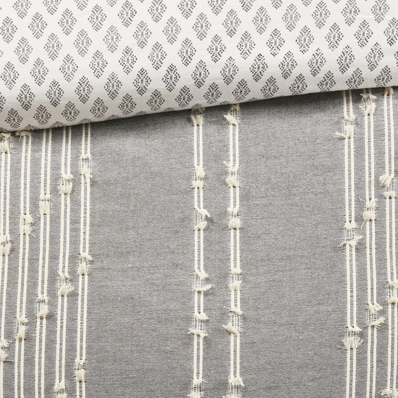 Literie 3 pièces très grand / très grand - coton, base grise avec accents, fermeture à boutons, attaches intérieures, réversible, lavable, housse de couette pour broderie et attachée, 100% coton machine, textile