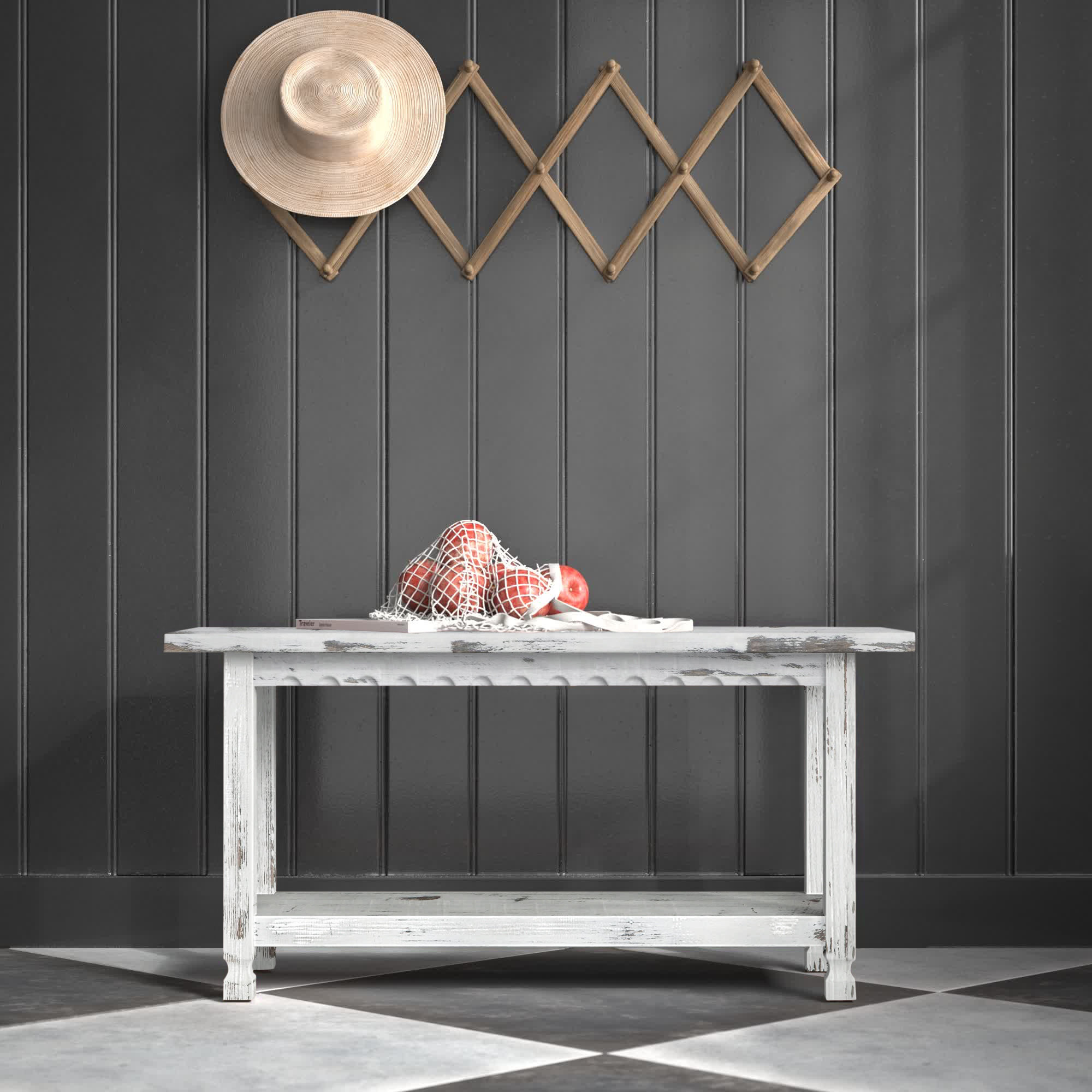 Canora Grey Jodh Rustic Cottage Bench with 1 Shelf, Blue Antique, Solid ...