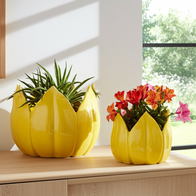 Set Of 2 Stoneware Ceramic Planters With Petal Design And Drainage Hole, Yellow