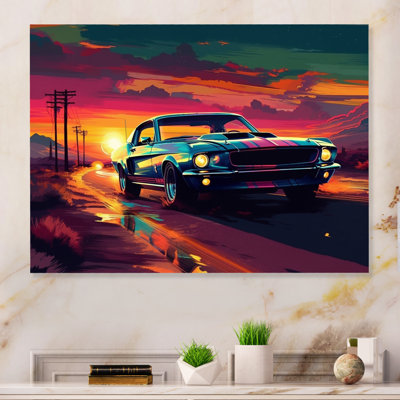 «Green and Pink Muscle Car Melody» - Art mural en métal voitures tout-terrain