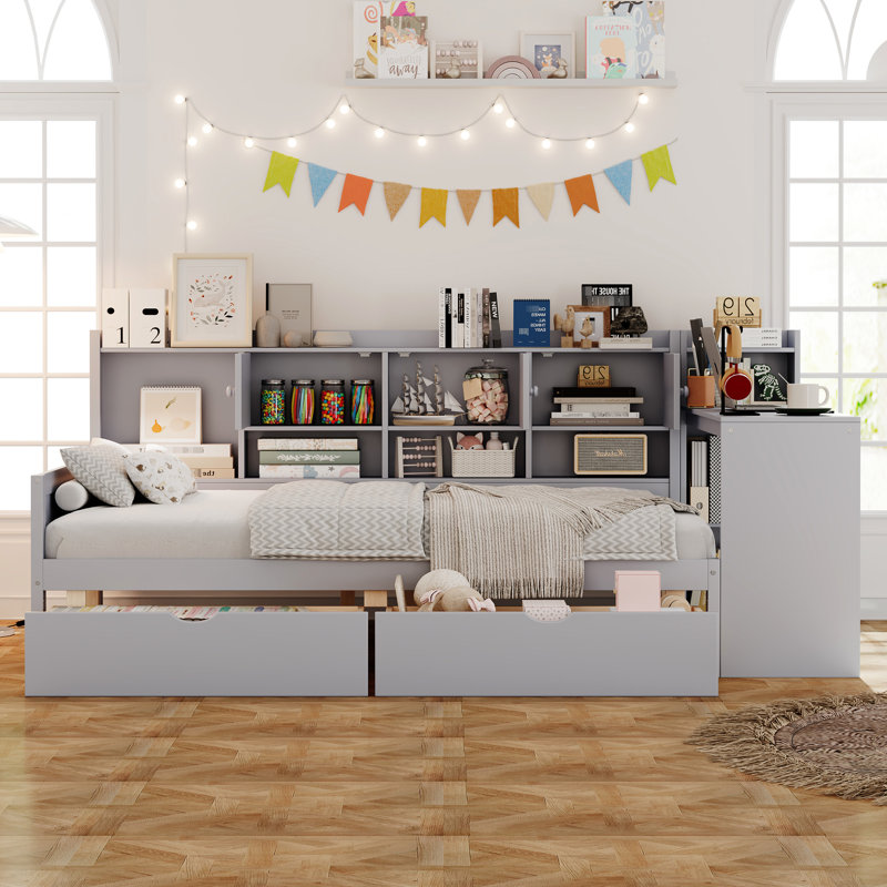 Lit de jour gris avec rangement conçu, bureau d'étude polyvalent et structure stable avec bibliothèque intégrée réglable, idéale pour les petits espaces invités