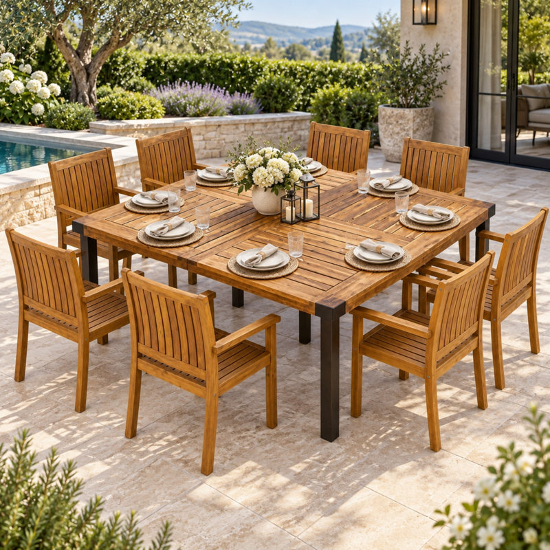 Ensemble de salle à manger d'extérieur en bois d'acacia 9 pièces avec table carrée de 162 cm et 8 chaises avec accoudoirs