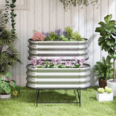 2-Tier Galvanized Raised Garden Bed, Oval Outdoor Planter Box for Vegetables, Flowers, Herbs