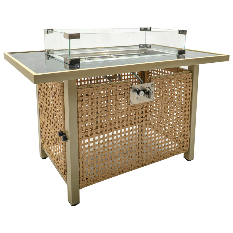 K&K 43" Propane Gas Fire Pit Table, 60000 BTU Rectangular Open Weave Wicker Fire Pit With Glass Wind Guard For Outside Patio Deck Garden Backyard - Orange & Mustard Yellow