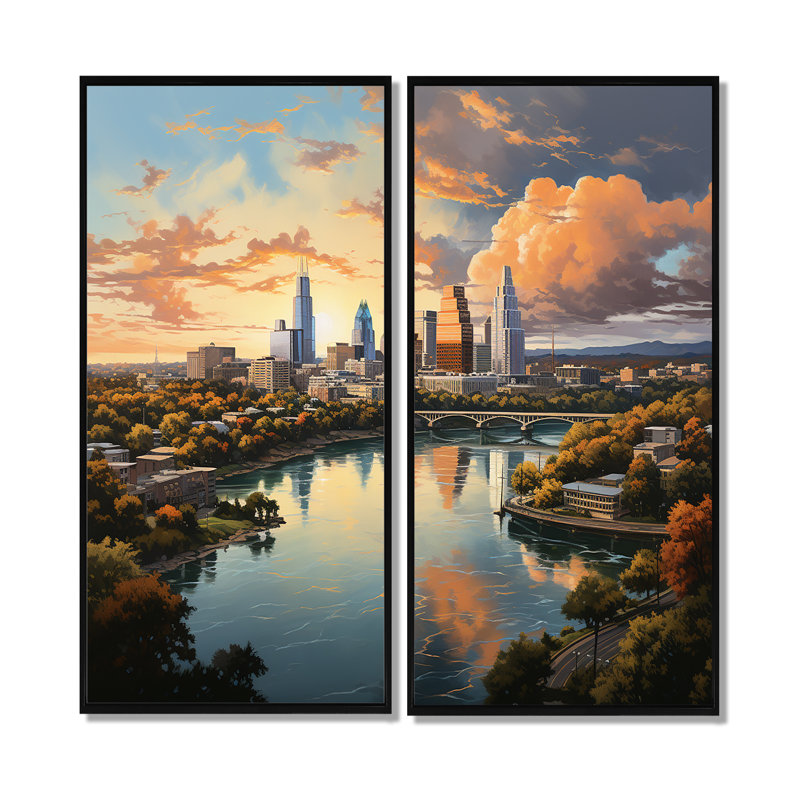 Austin City Cityscape IV - décoration murale orange 2 panneaux, 32" H x 32" W, Impression encadrée flottante, Black
