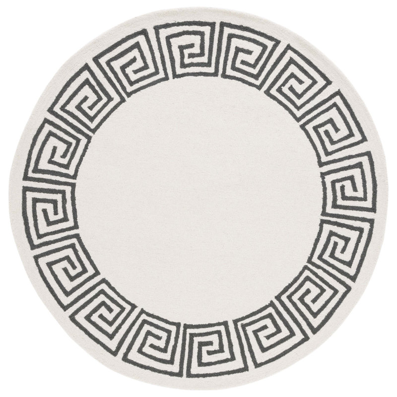 Dormeus Hand Tufted Wool/Cotton Greek Key Border Rug in Ivory/Gray, Round 6'