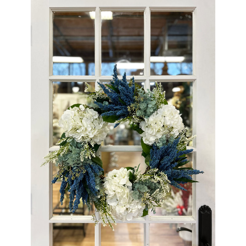 24" Hydrangea, Heather And Eucalyptus Wreath, Blue/Green/White