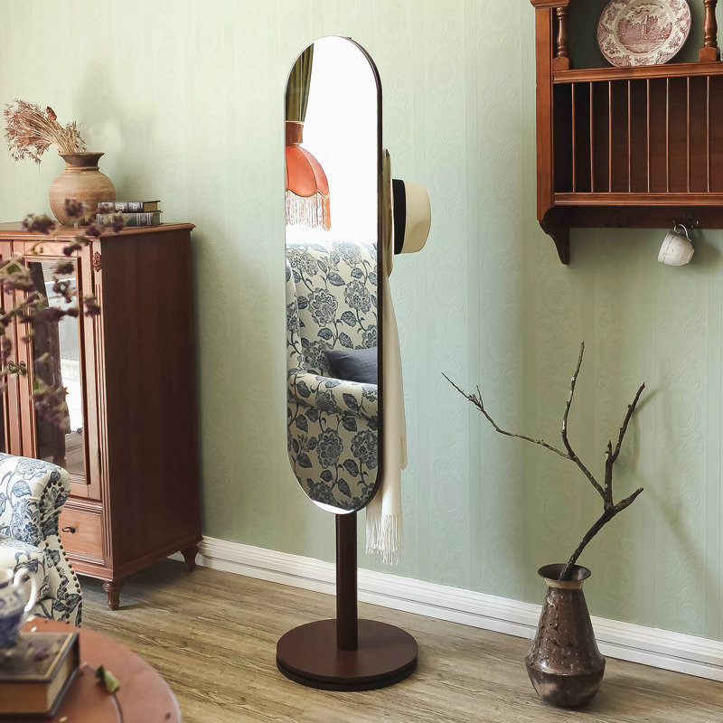 Flat Floor Mirror with Hooks, Brown/White