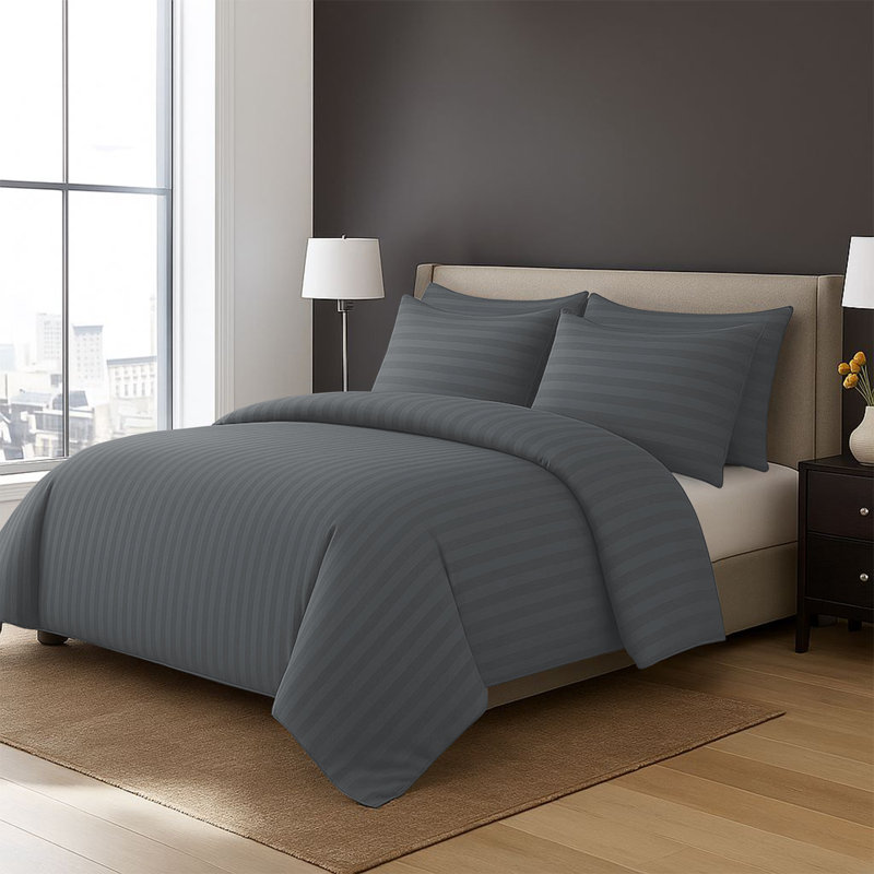 4-Piece Striped High Quality Duvet Cover Set with Fitted Sheet & 2 Pillowcases , Grey
