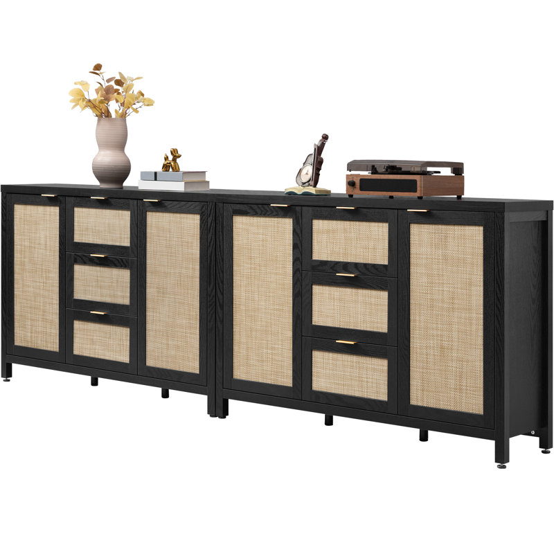 51.57'' W 3-Drawer And 2-Door Rattan Sideboard With Adjustable Shelves, Black Oak