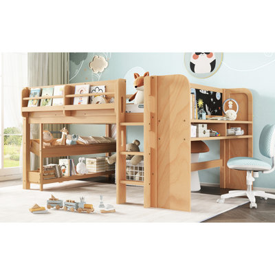 Lit mezzanine double multifonctionnel fabriqué en bois massif, avec rangement, bureau, tableau noir et espace de création, sans sommier à structure en bois, tiroirs à bibliothèque, bureau pour la danse