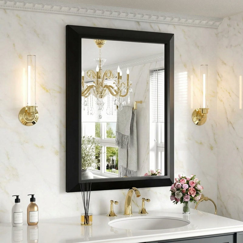 Miroir de salle de bain en verre trempé épais de haute qualité, 32 po x 24 po, Noir