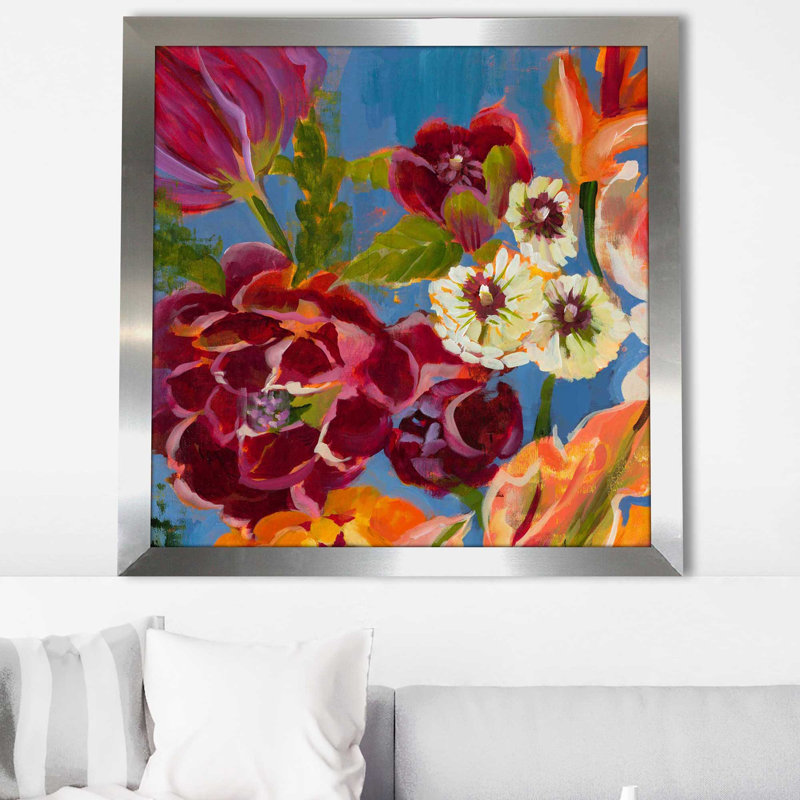 «Spring Bouquet I», peinture sur toile à cadre flottant, Encadrement argenté, H 25,5 po x l 25,5 po x P 1 po