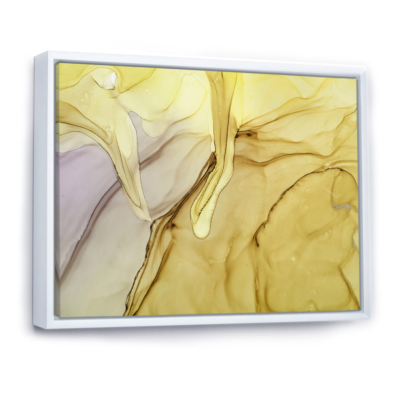 Jaune et vert, encre liquide - peinture sur toile, H 16 po x l 32 po x P 1 po, Cadre flottant blanc