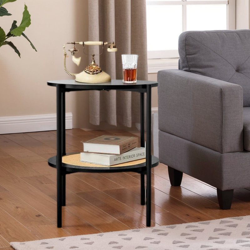 Wood Round Table With Open Shelf,Rattan End Table