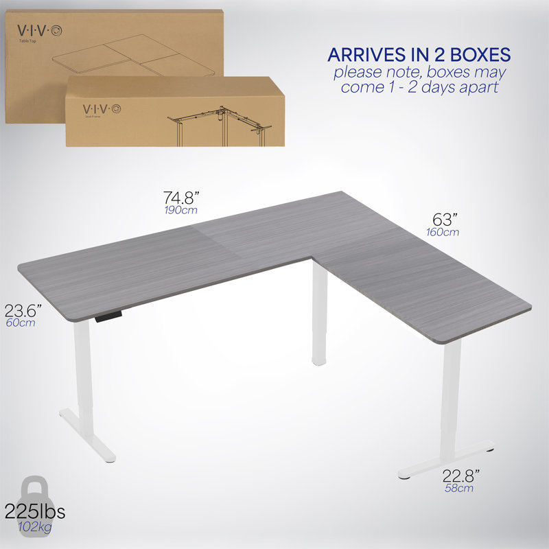 VIVO Electric Corner Standing Desk, L-Shaped Workstation, 74.8" W x 23.6" D, Gray/White