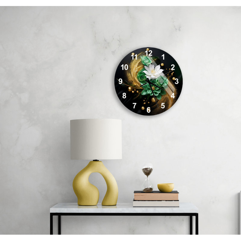 Horloge murale moderne à effet 3D floral vert émeraude et verre trempé doré non-tic-tac, chiffres anglais noirs, Doré