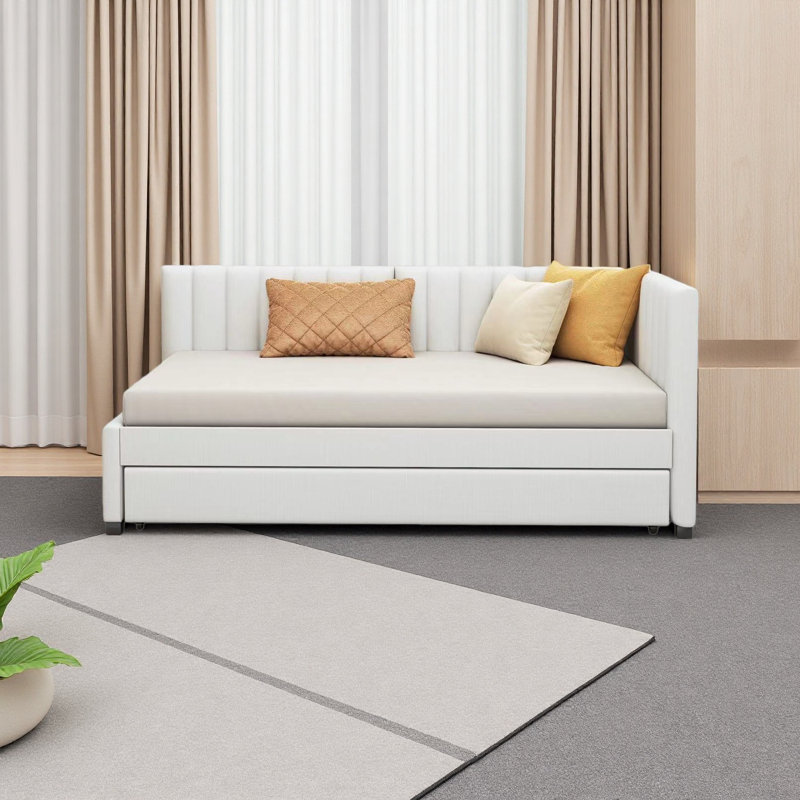 Upholstered Daybed With Trundle Twin Size Sofa Bed Frame No Box Spring Needed, Beige