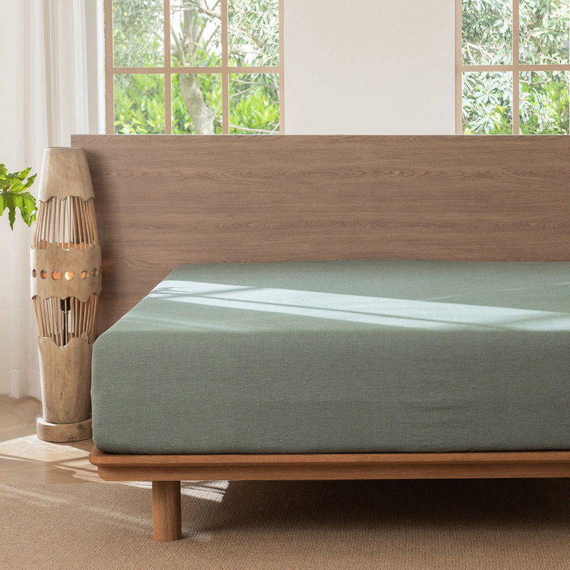 Drap-housse MooMee 100% coton lavé extra profond, Grand lit , Vert bruyère