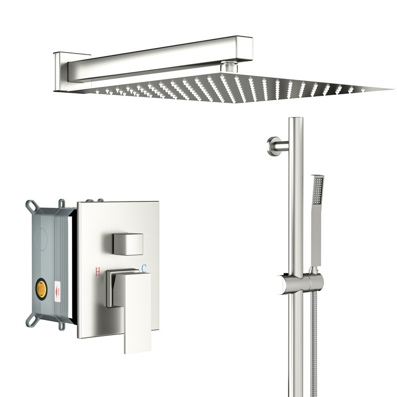 Système de douche mural, pomme de pluie carrée de 10 pouces, barre coulissante réglable de 26,18 po, double fonction, installation facile, système de pluie au fini nickel brossé avec valve brute, douche à main,
