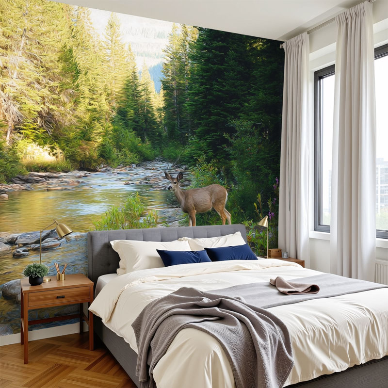 Papier peint auto-adhésif Lone Deer Forest Animal Wildlife Woodland Landscape Scenery Wallals, L 144 po x l 100 po