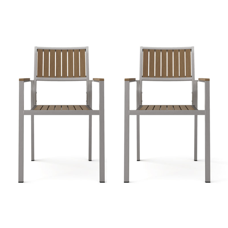 Ensemble de 2 fauteuils de salle à manger d'extérieur avec siège à lattes et structure en aluminium, naturel