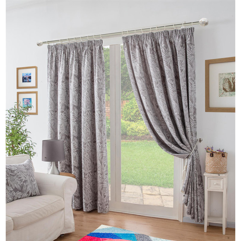 Zamora Chenille Jacquard Pencil Pleat Curtains Pair, 117cm Width x 229cm Drop, Silver