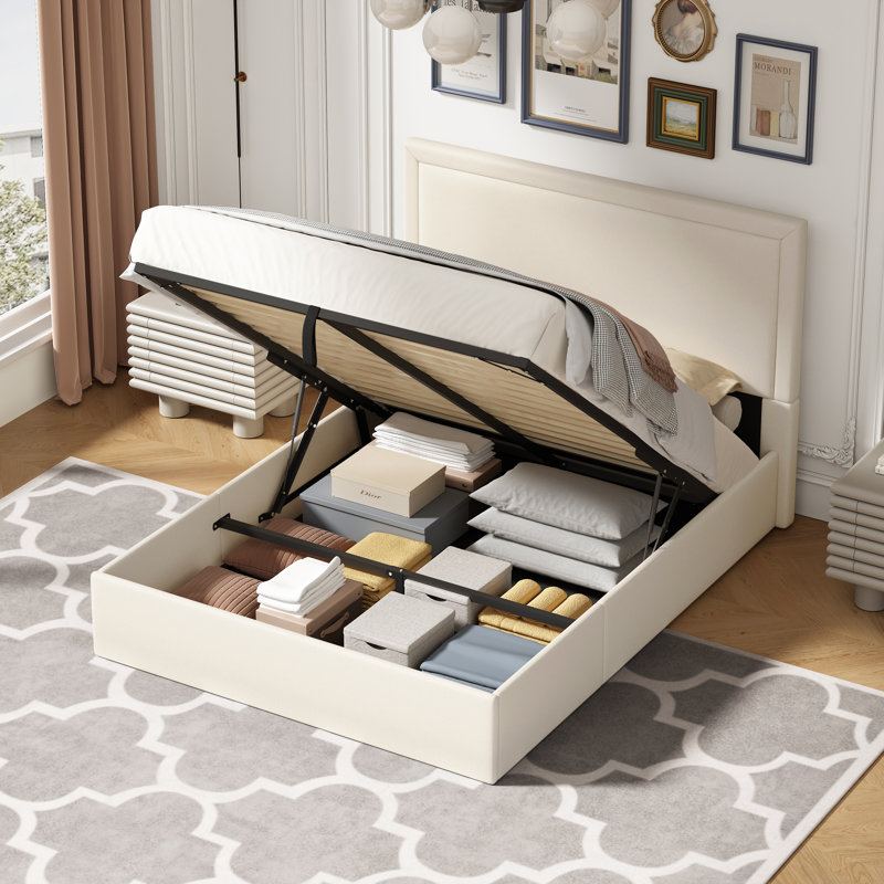 Lit de rangement rembourré hydraulique Yamada, Beige, Double