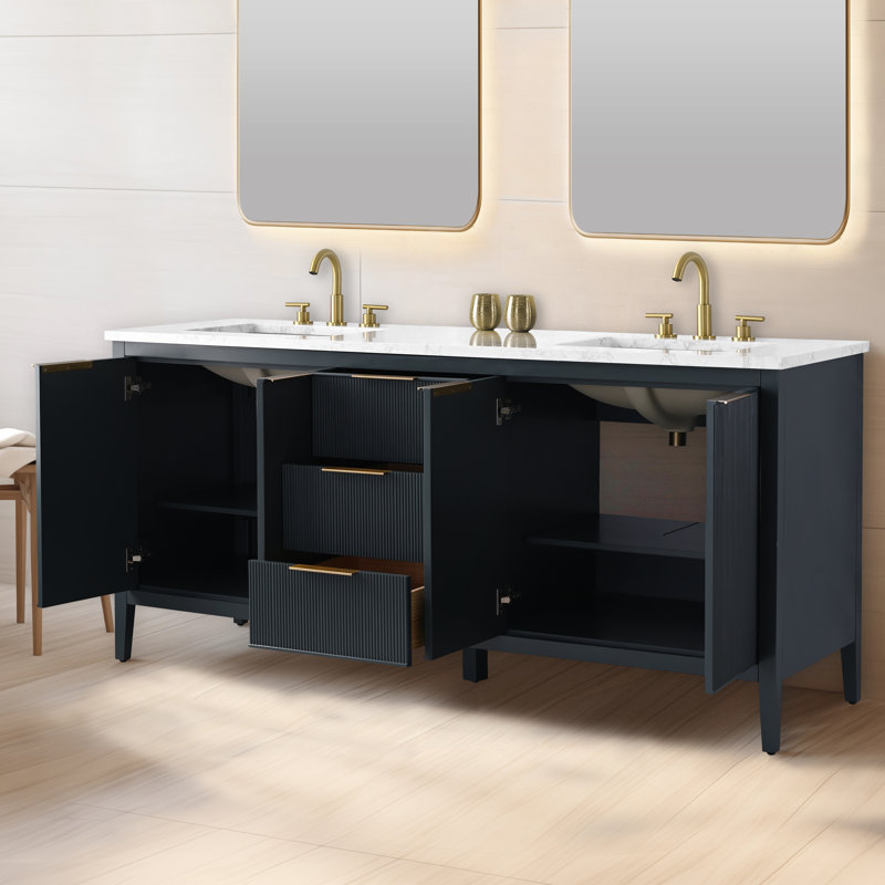 Meuble-lavabo double 72 po Bilroy, Bleu rétro / bronze brossé