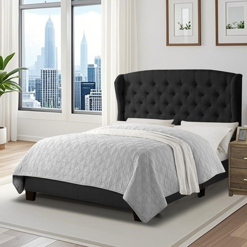 Fabric Upholstered Bed,Tufted Headboard Adjustable Height Bed Frame, Black, King