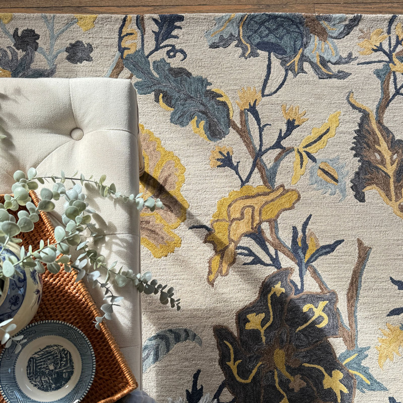 Handmade Light Blue and Yellow Wool Floral Rectangular Rug