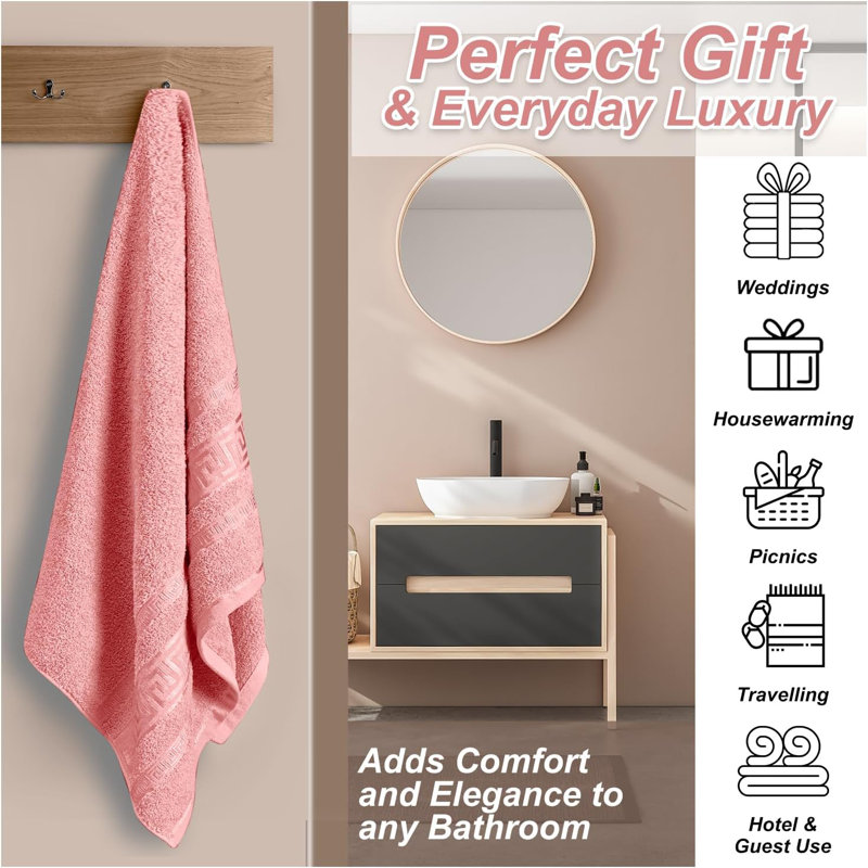Premium Egyptian 100% Cotton Towels | Soft, Lightweight, Ultra-Absorbent Bathroom Towels for Daily Comfort, Pink
