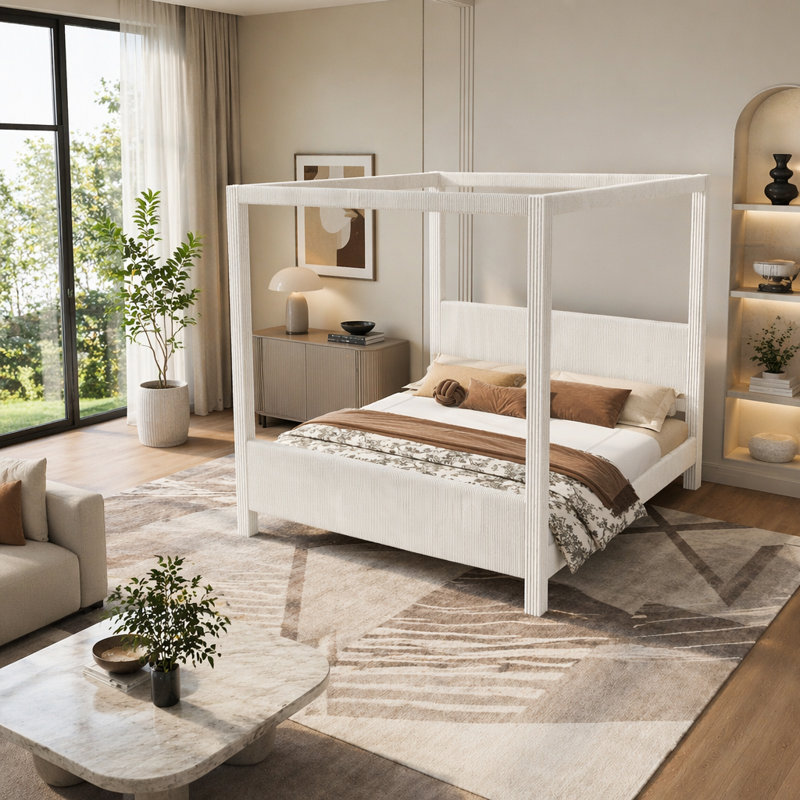 Lit plateforme à baldaquin vertical en velours côtelé avec tête de lit et pied de lit, Grand lit, Beige