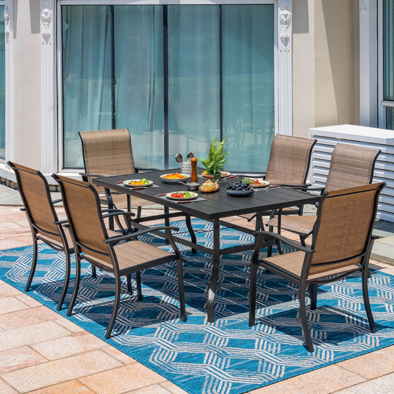 Outdoor 7-Piece Rectangular Dining Set for 6 person, with PVC Fabric and Powder-coated Iron Frame, 1.57'' Umbrella Hole, for Patio, Deck, Garden, Backyard, Balcony, Black and Brown