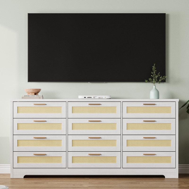 Commode 12 tiroirs en rotin - Commode blanche moderne pour chambre à coucher, placard, salon et couloir, Blanc