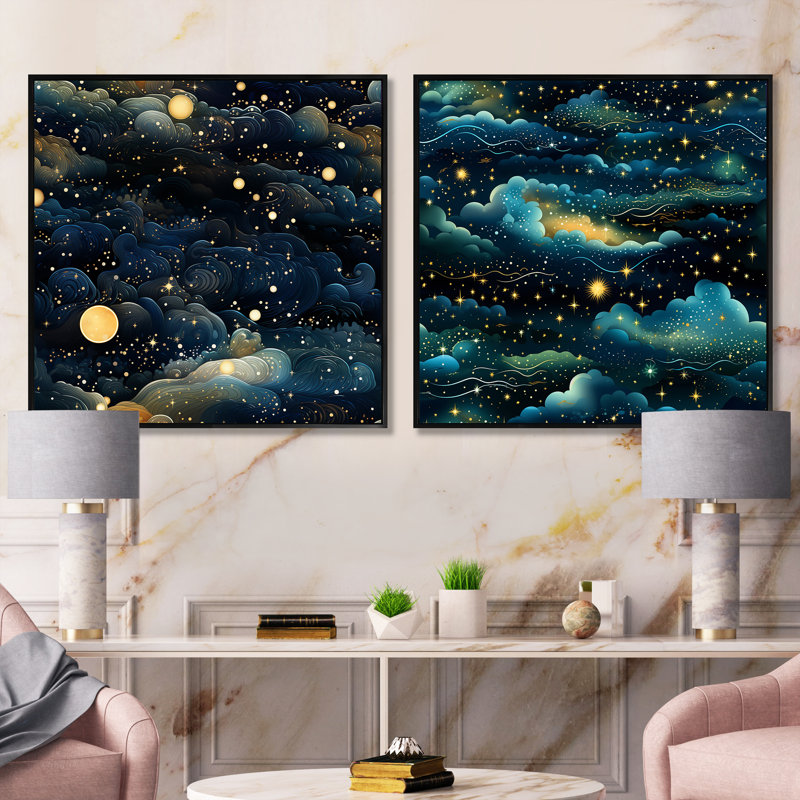 Midnight Indigo Galatic - ensemble de 2 collages carrés abstraits, Cadre flottant noir, H 16 po x l 33 po